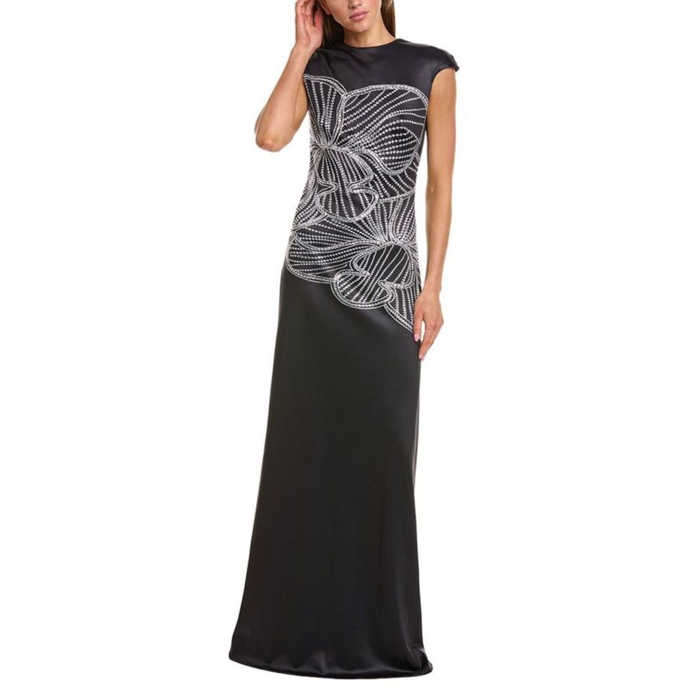 Rene Ruiz Womens  Beaded Floral Column Gown, Black